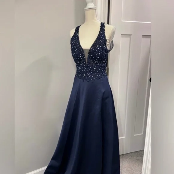 open lace back dress Stacey Rhinestone Trim Slit Formal Dress main image 0